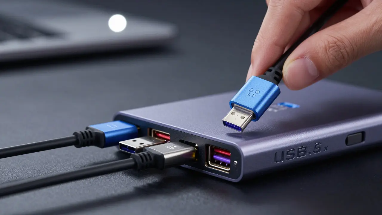 Close-up of colored USB 3.0 ports on a hub with a cable being inserted