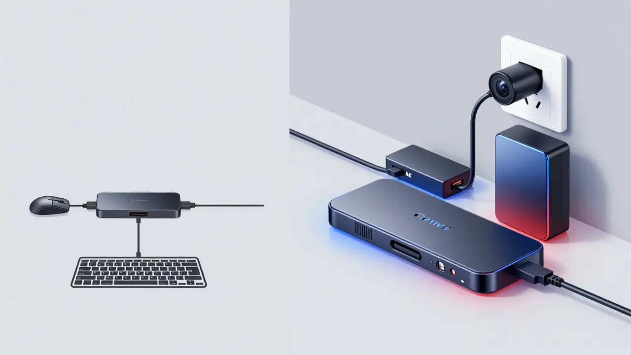 Comparison diagram illustrating the difference between passive and active USB hubs