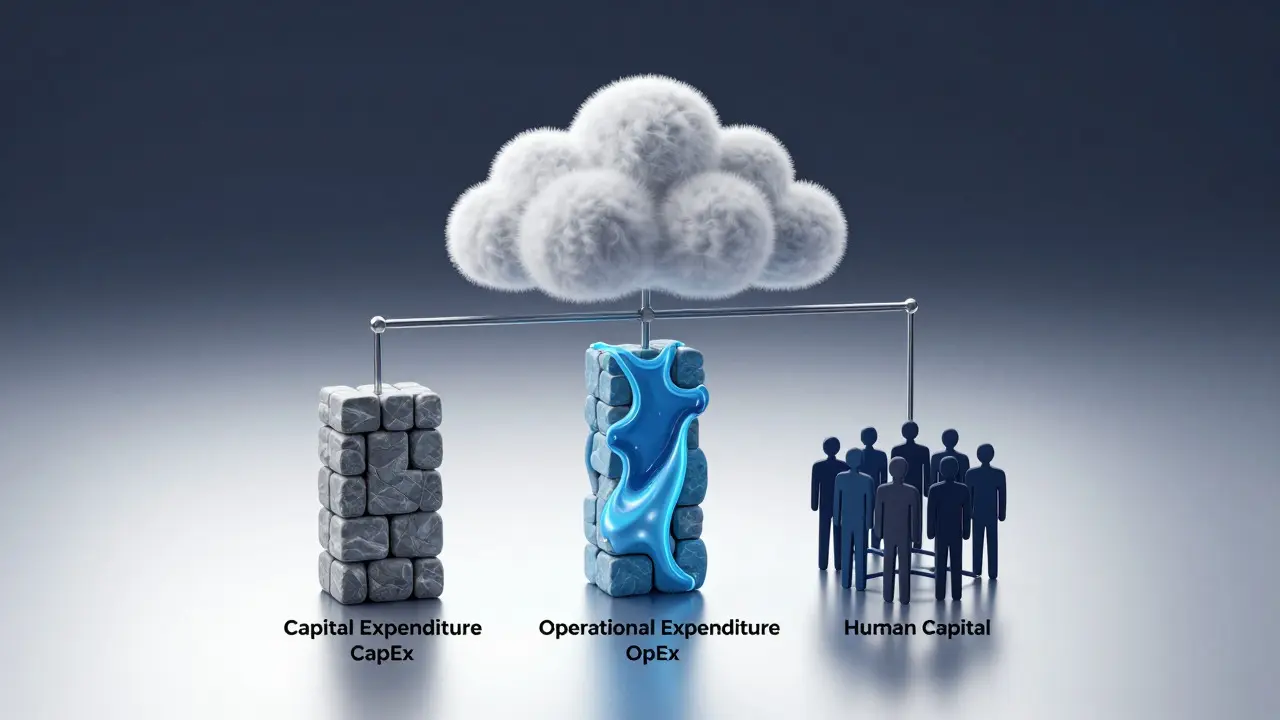 Conceptual illustration of IT cost categories: CapEx, OpEx, and human capital