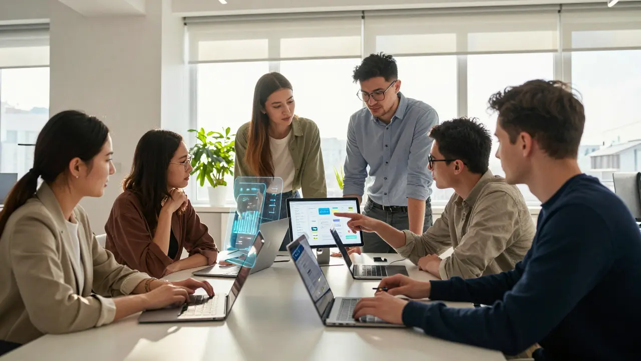 Developer team collaborating in a modern office with holographic tech overlays