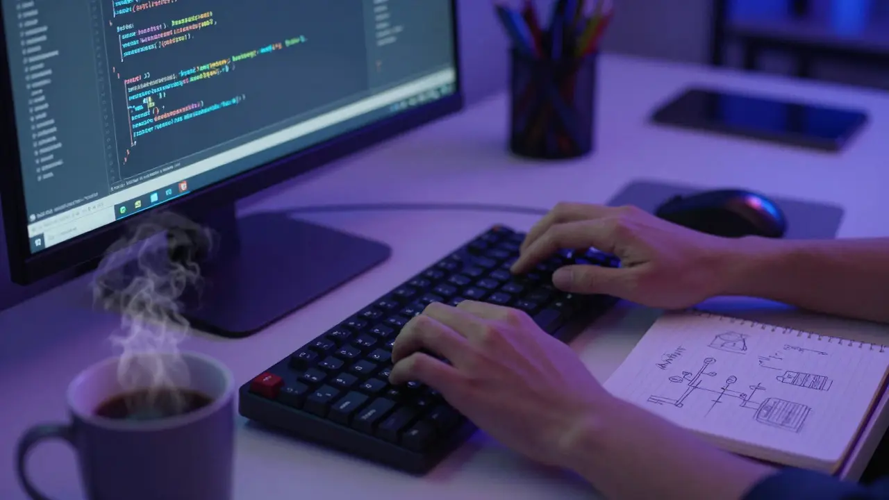 Developer typing code at a desk illuminated by monitor light