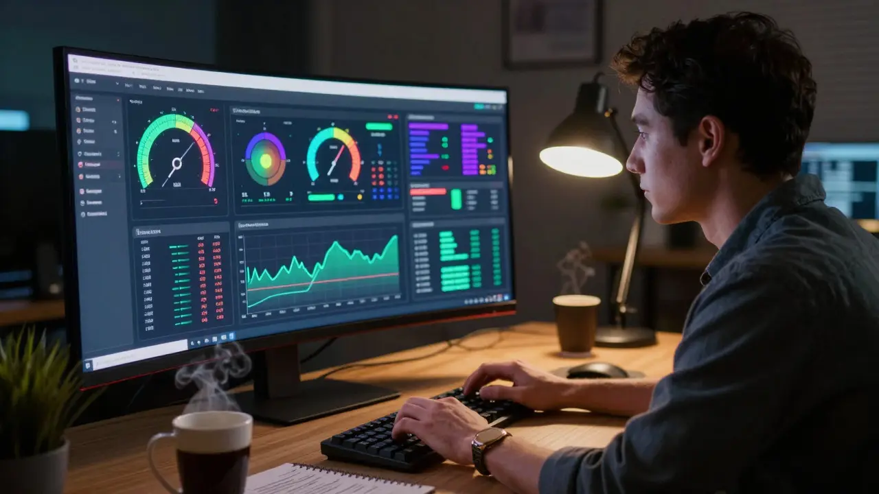 Developer working late at night viewing a complex performance dashboard