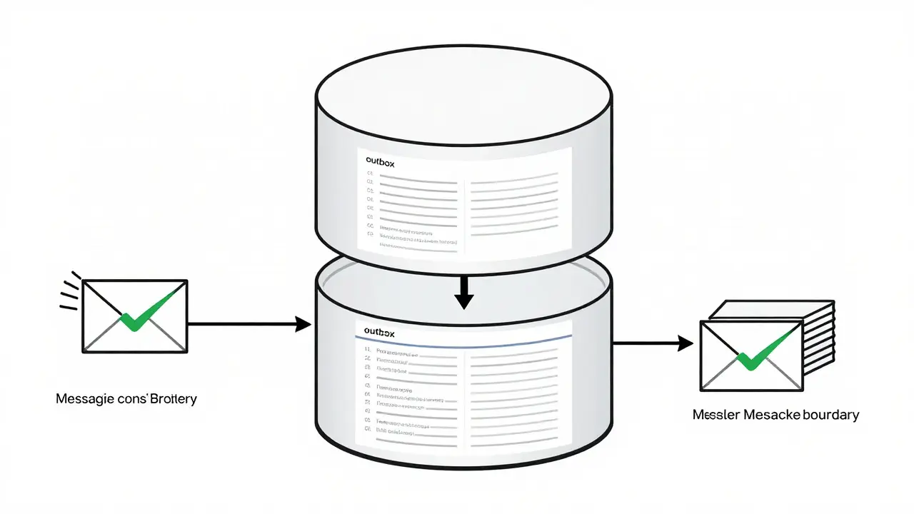 Diagram showing the Outbox Pattern ensuring atomic data writes and event publishing