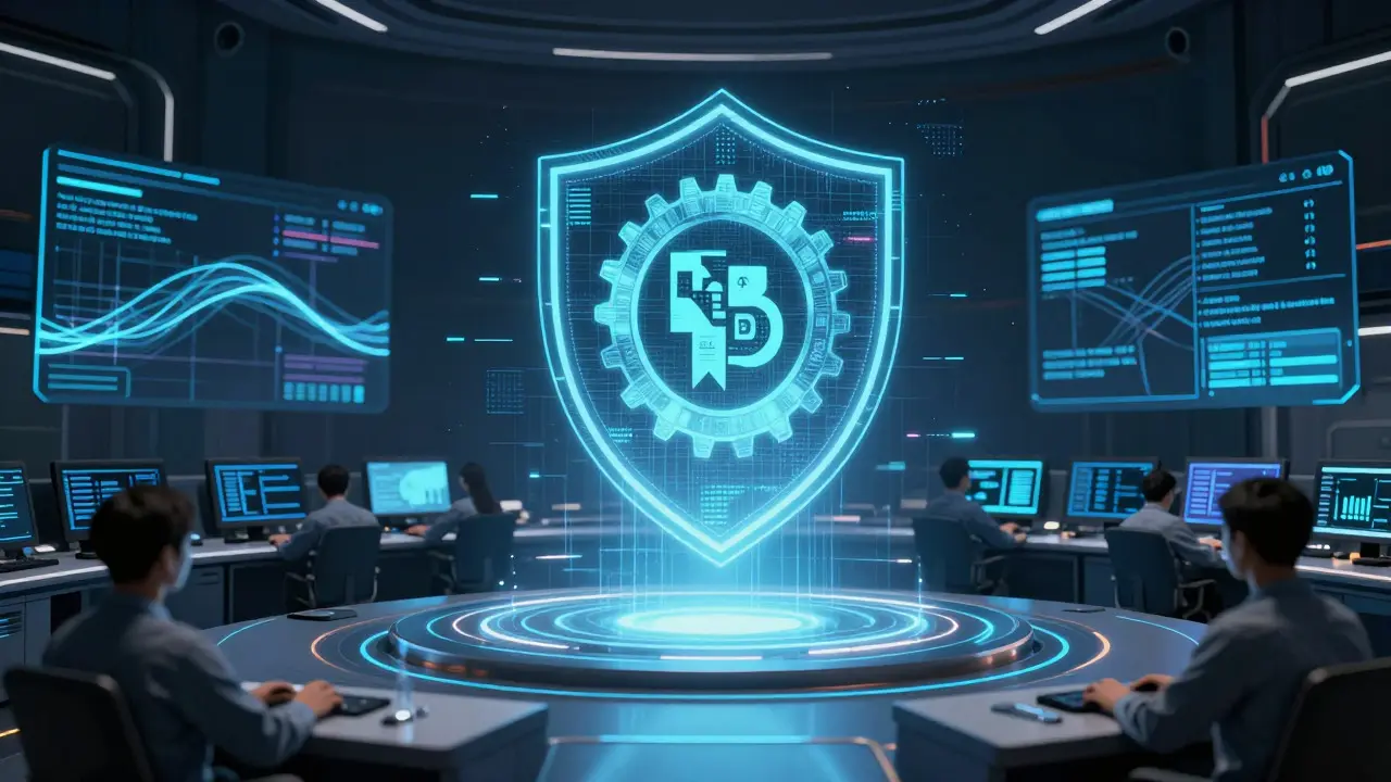 Futuristic control room with a holographic shield symbolizing verified secure systems