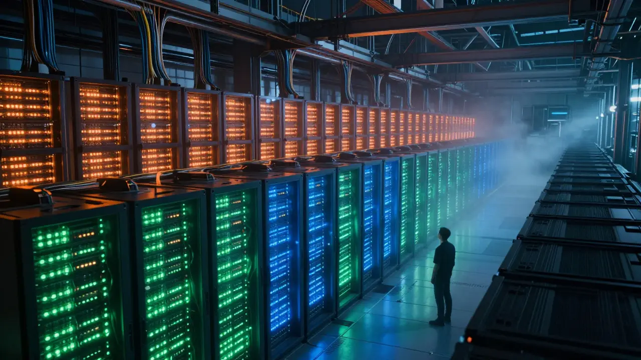 Futuristic data center with colorful server racks and a lone observer
