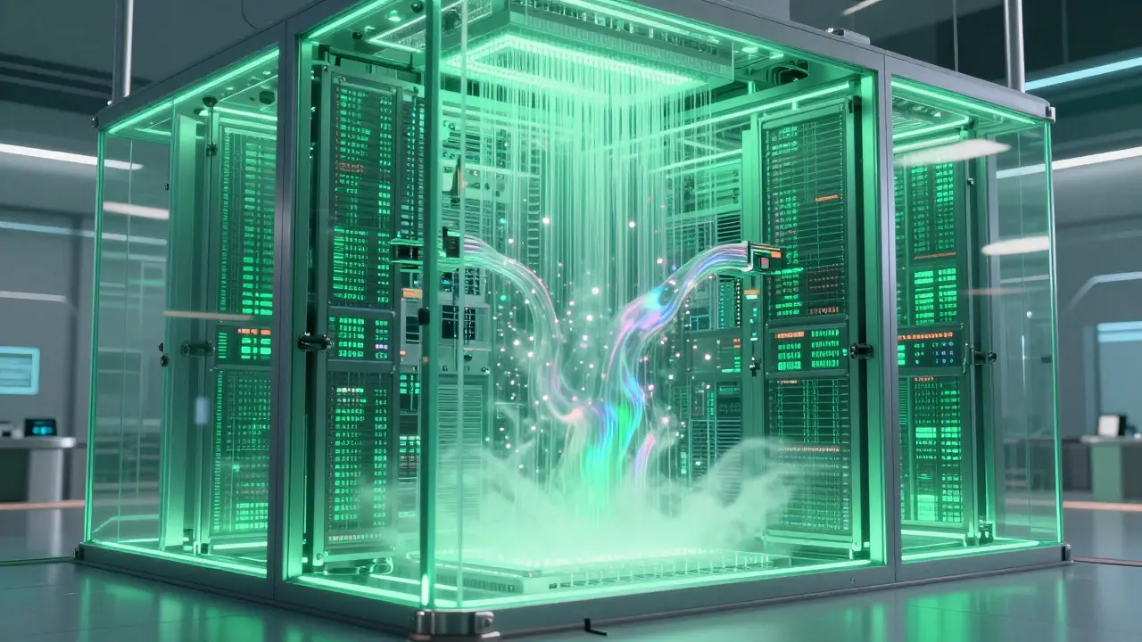 Futuristic server structure with data streams passing through a diffusing filter