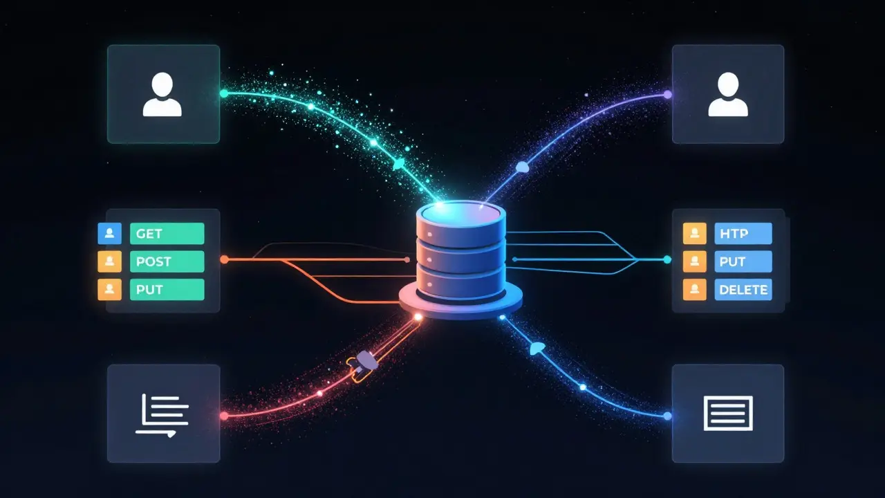 Glowing data streams flowing from client to server and database