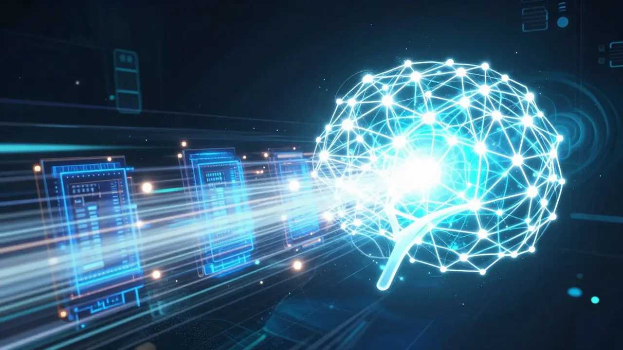 Glowing neural network core surrounded by data streams and computing chips