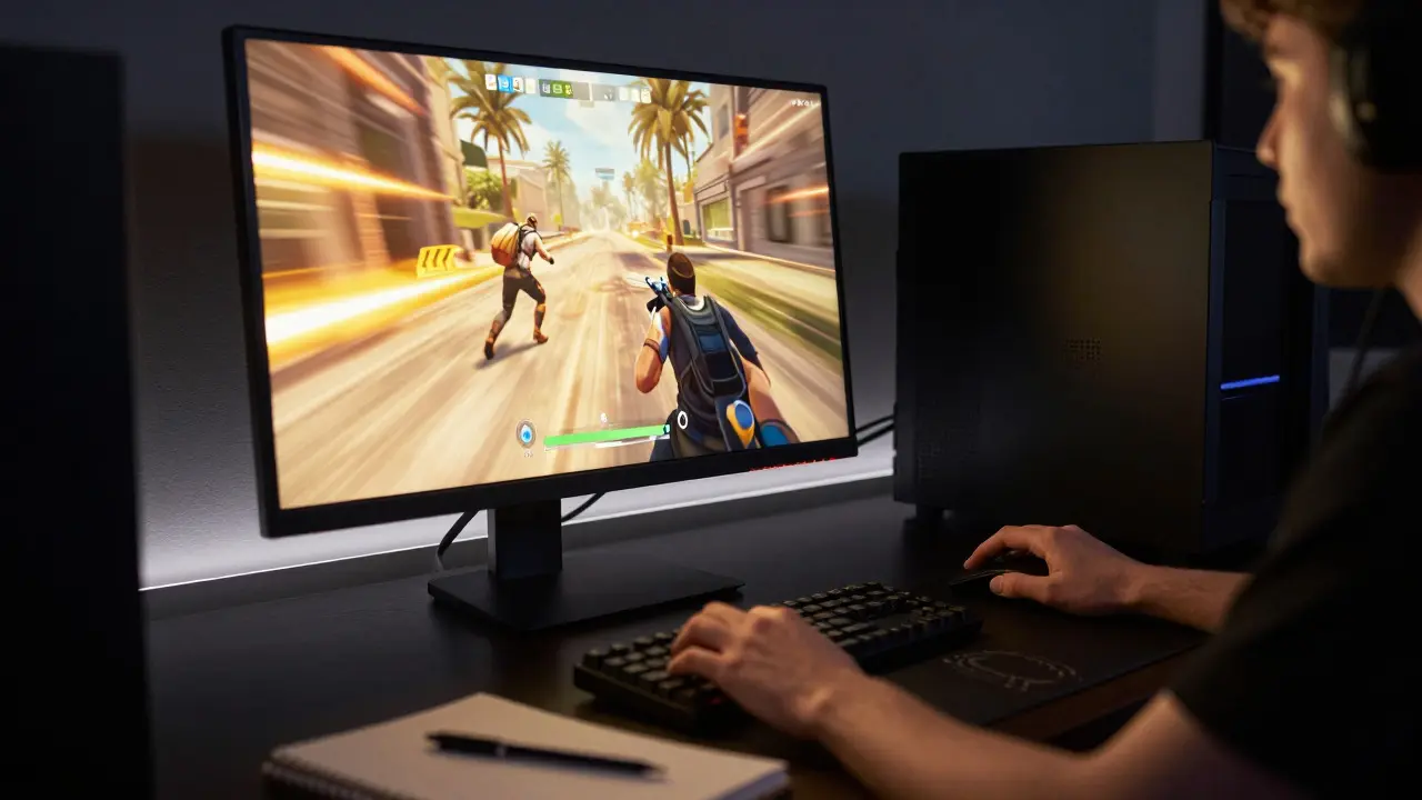 Игрок за компьютером с ярким монитором в темной комнате
