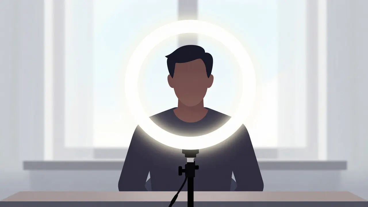 Illustration of a person sitting in front of a ring light for video calls