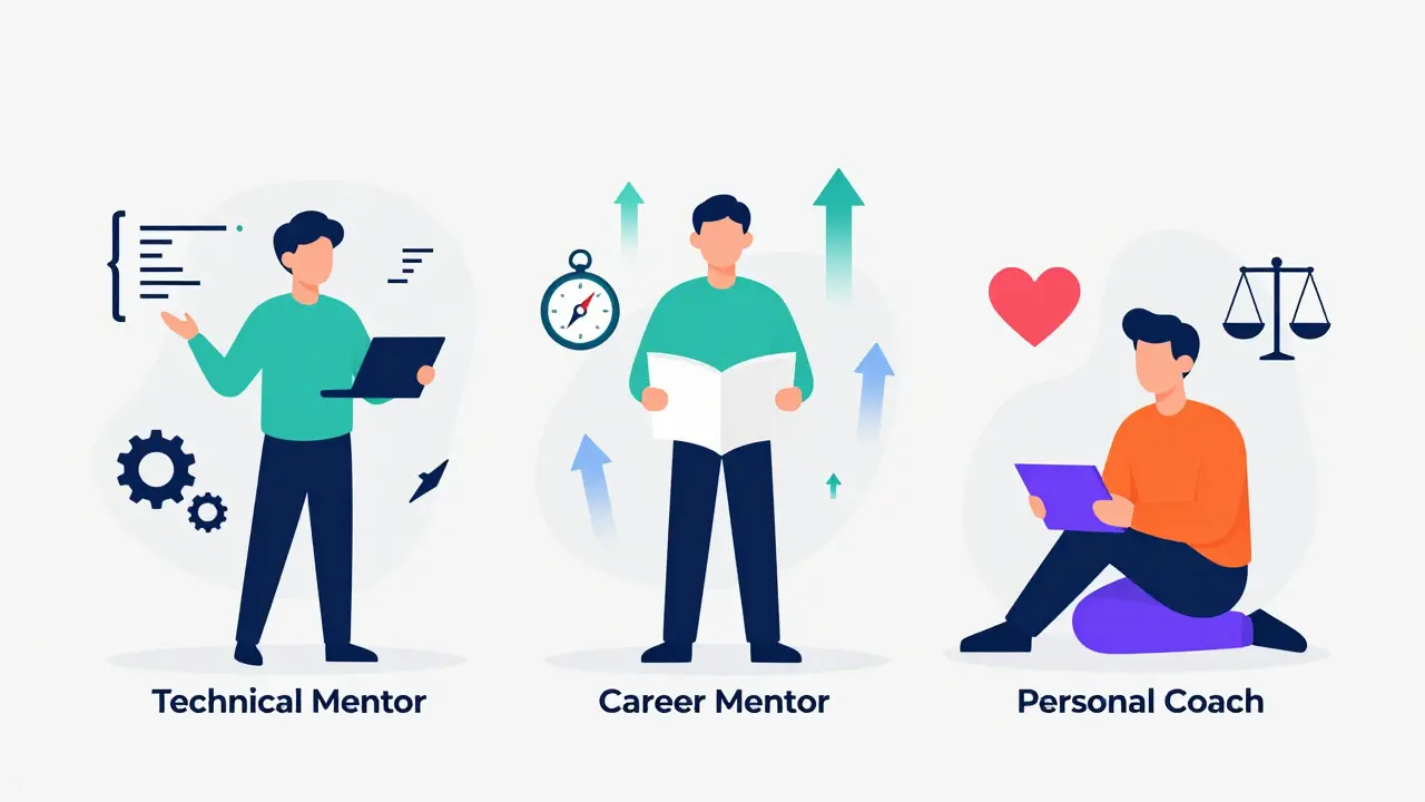 Illustration showing three types of IT mentors: technical, career, and personal coach