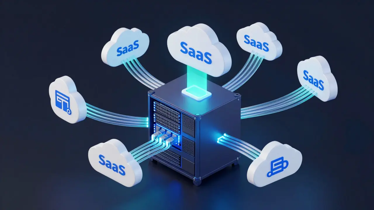 Isometric 3D illustration showing connection between local servers and cloud services