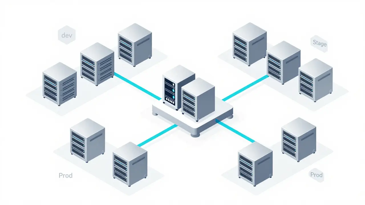 Isometric illustration of server modules replicating across cloud environments