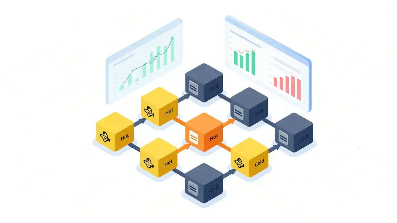 Isometric view of a scalable server cluster with hot and cold nodes and a floating analytics dashboard
