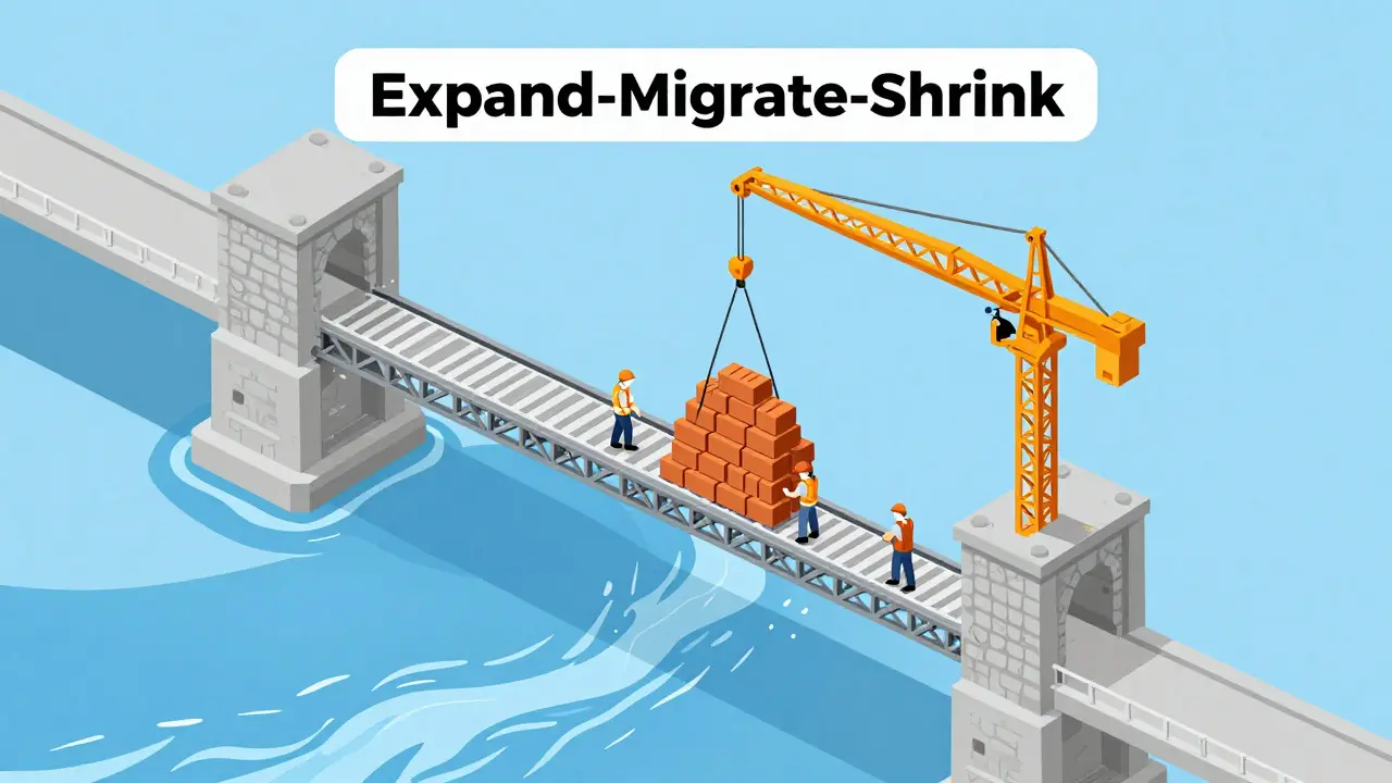 Изометрическая иллюстрация процесса миграции данных по схеме Expand-Migrate-Shrink