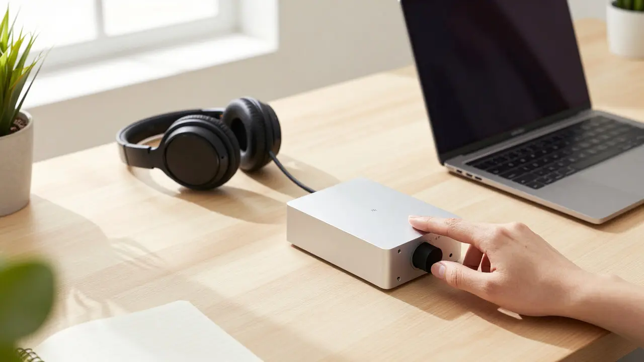 Компактный USB ЦАП подключен к студийным наушникам в светлой комнате