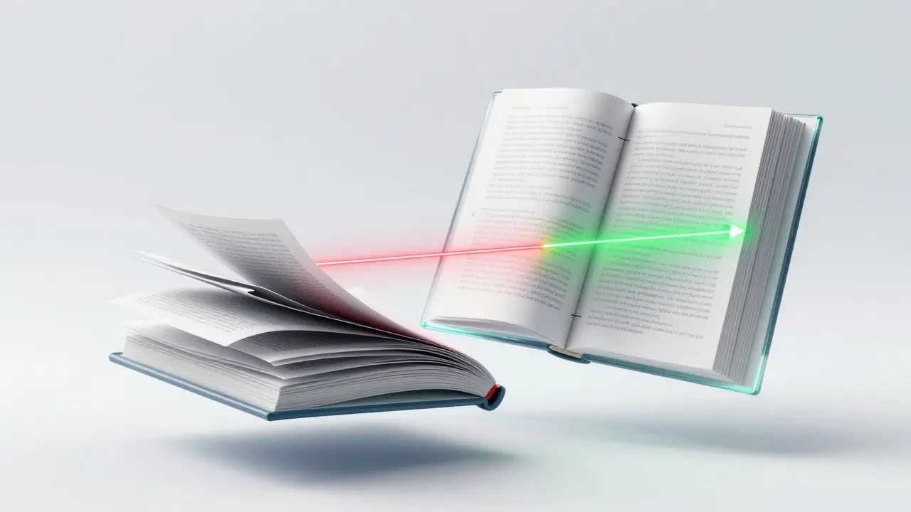 Концептуальная иллюстрация книги из стекла, демонстрирующая разницу между полным сканированием и индексным доступом