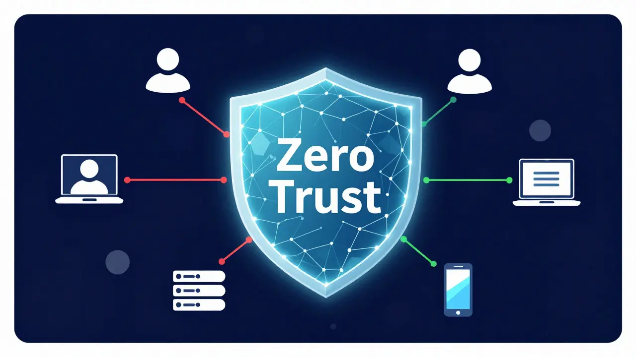 Концептуальная иллюстрация модели Zero Trust с цифровым щитом и защищенными соединениями устройств
