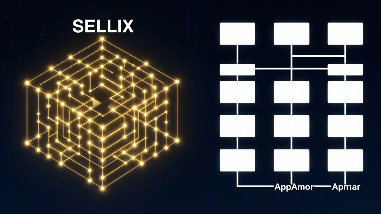 Концептуальное сравнение сложной архитектуры SELinux и простой структуры AppArmor