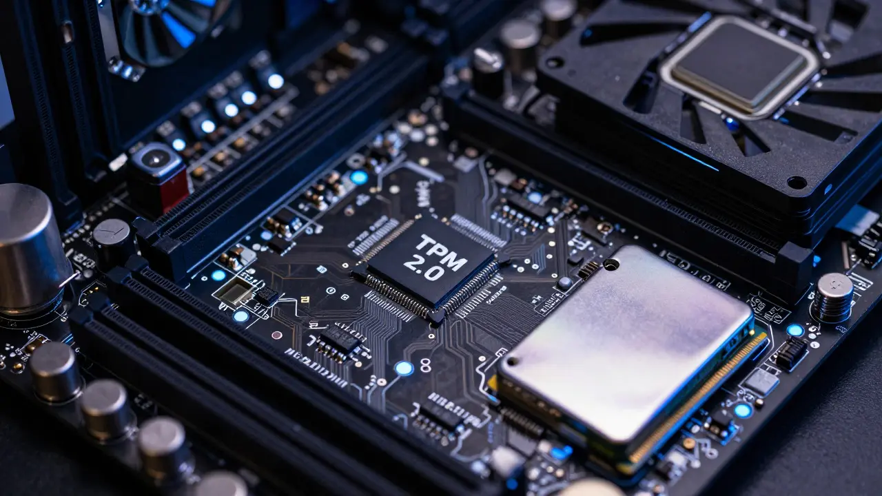 Крупный план чипа TPM 2.0 и SSD-диска на материнской плате ПК