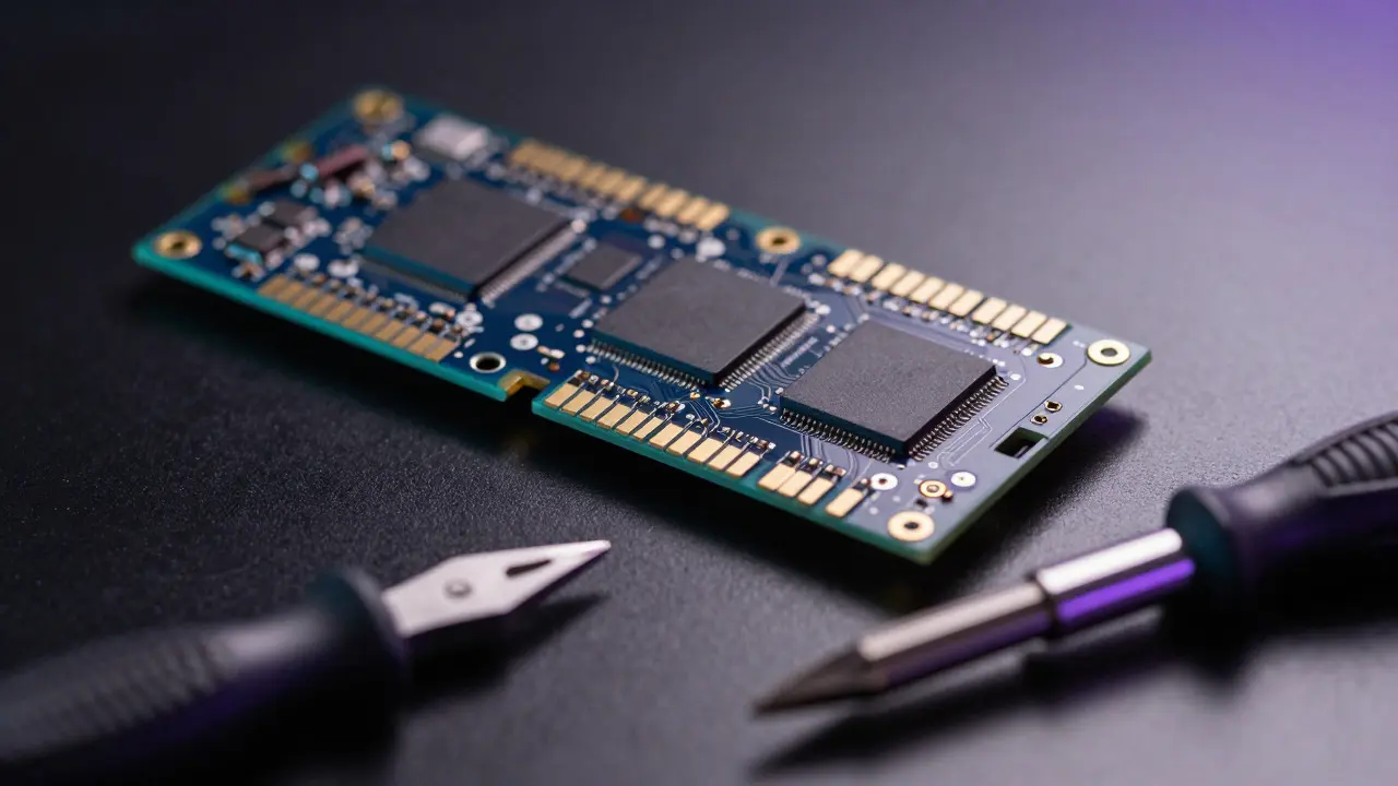 Макросъемка твердотельного накопителя SSD на темном фоне