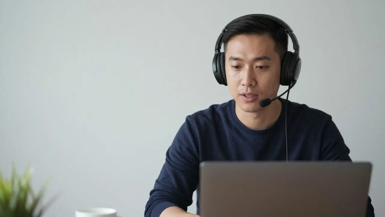 Person wearing headphones while having a video call on a laptop