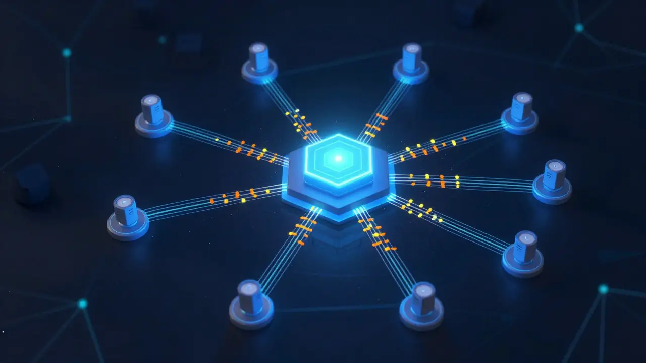 Схема архитектуры издатель-подписчик MQTT с потоками данных от брокера