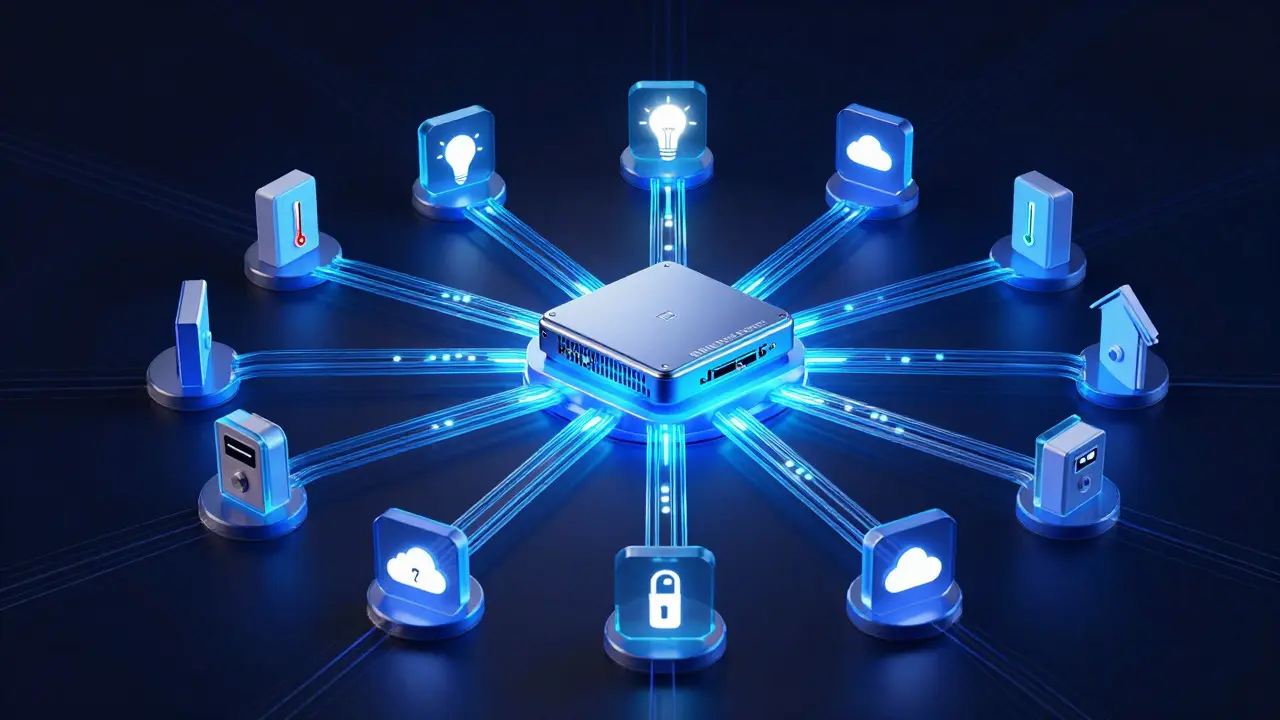 Схема сети IoT с Raspberry Pi в центре и датчиками по периметру