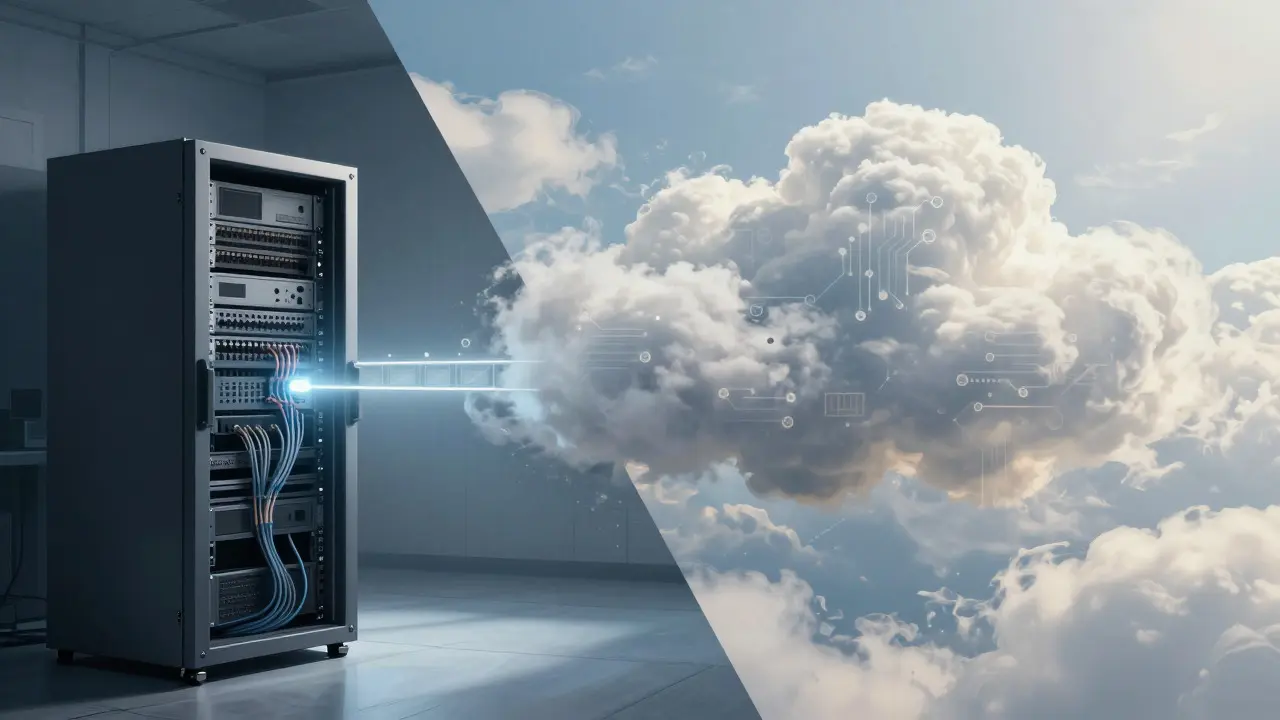 Split image comparing a local server rack with stylized cloud computing graphics
