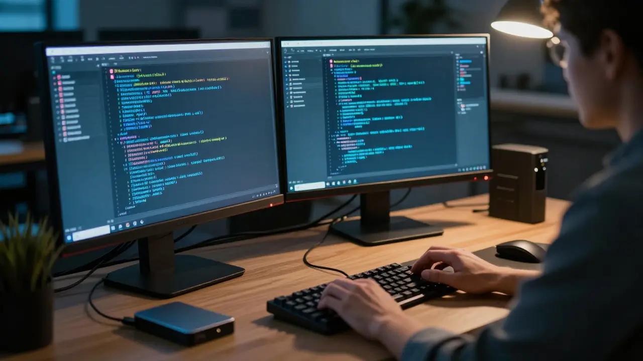 System administrator working at a desk with computer screens showing terminal commands