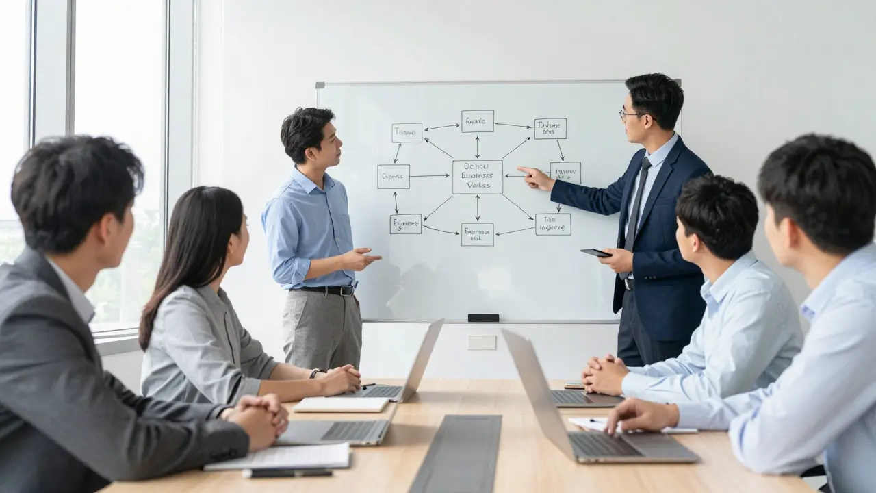 Team discussing ITSM process flowcharts on a whiteboard in a bright boardroom