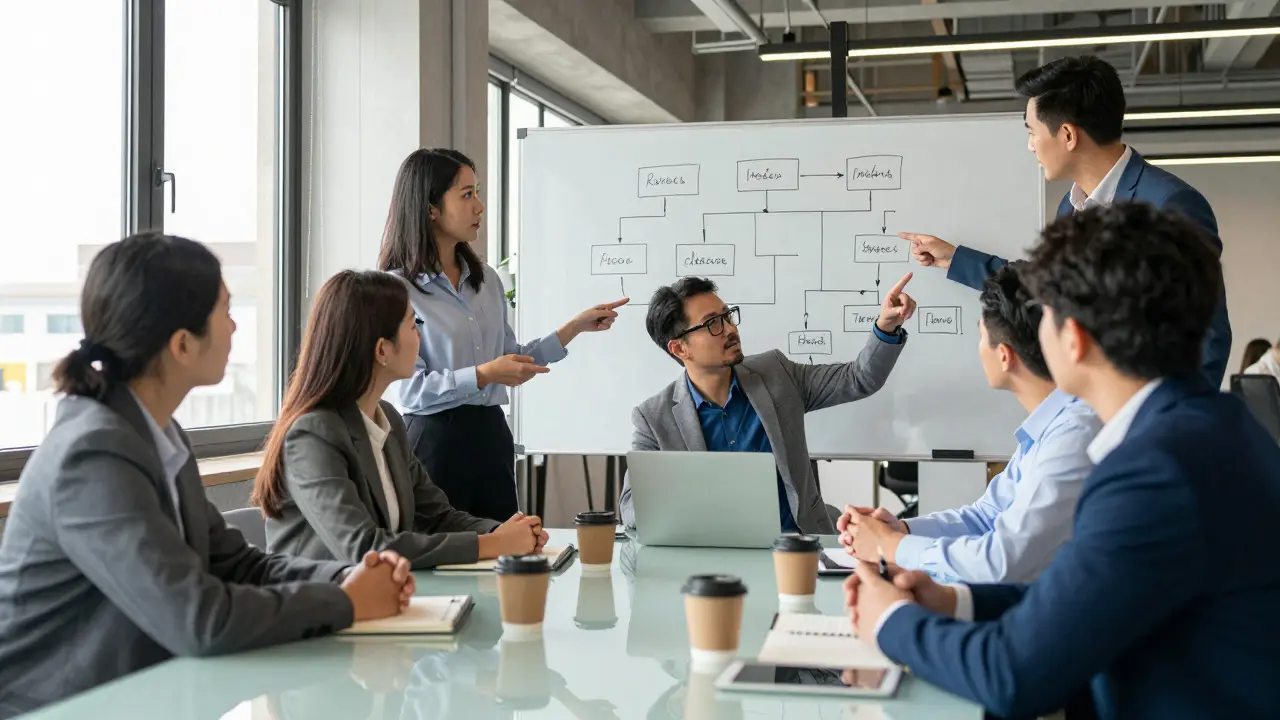 Team of professionals discussing business processes on a whiteboard in a modern office