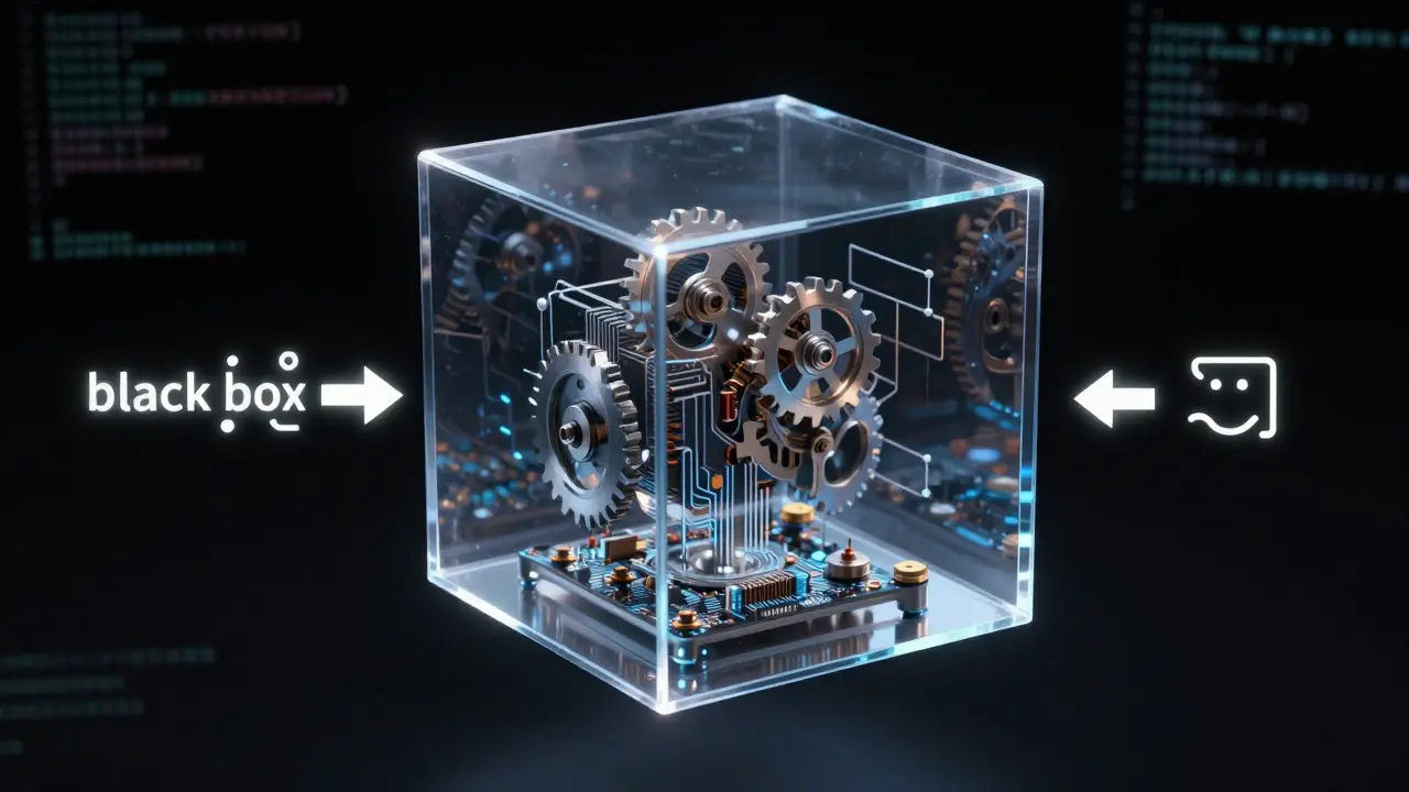 Transparent 3D cube containing gears with input and output arrows