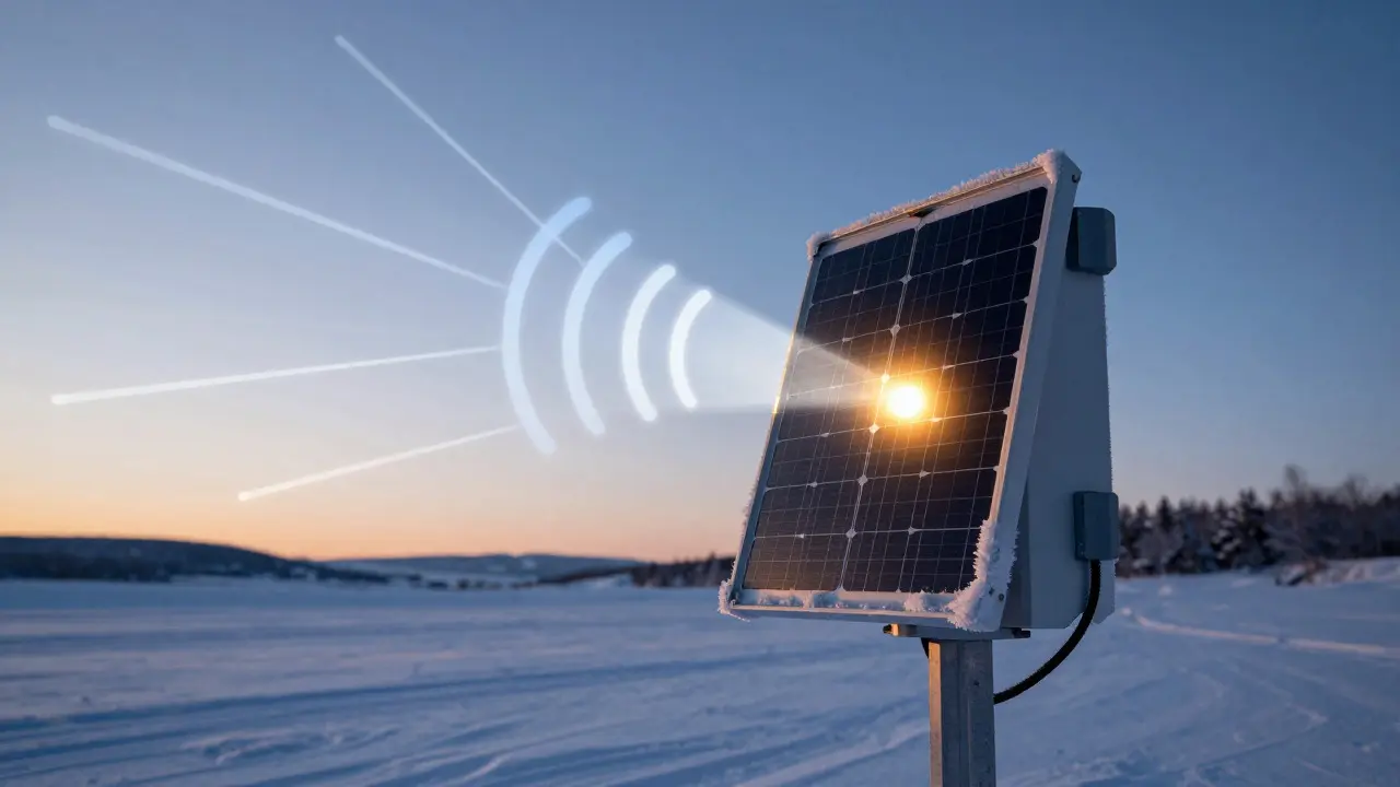 Уличное IoT-устройство с солнечной панелью в снежном пейзаже