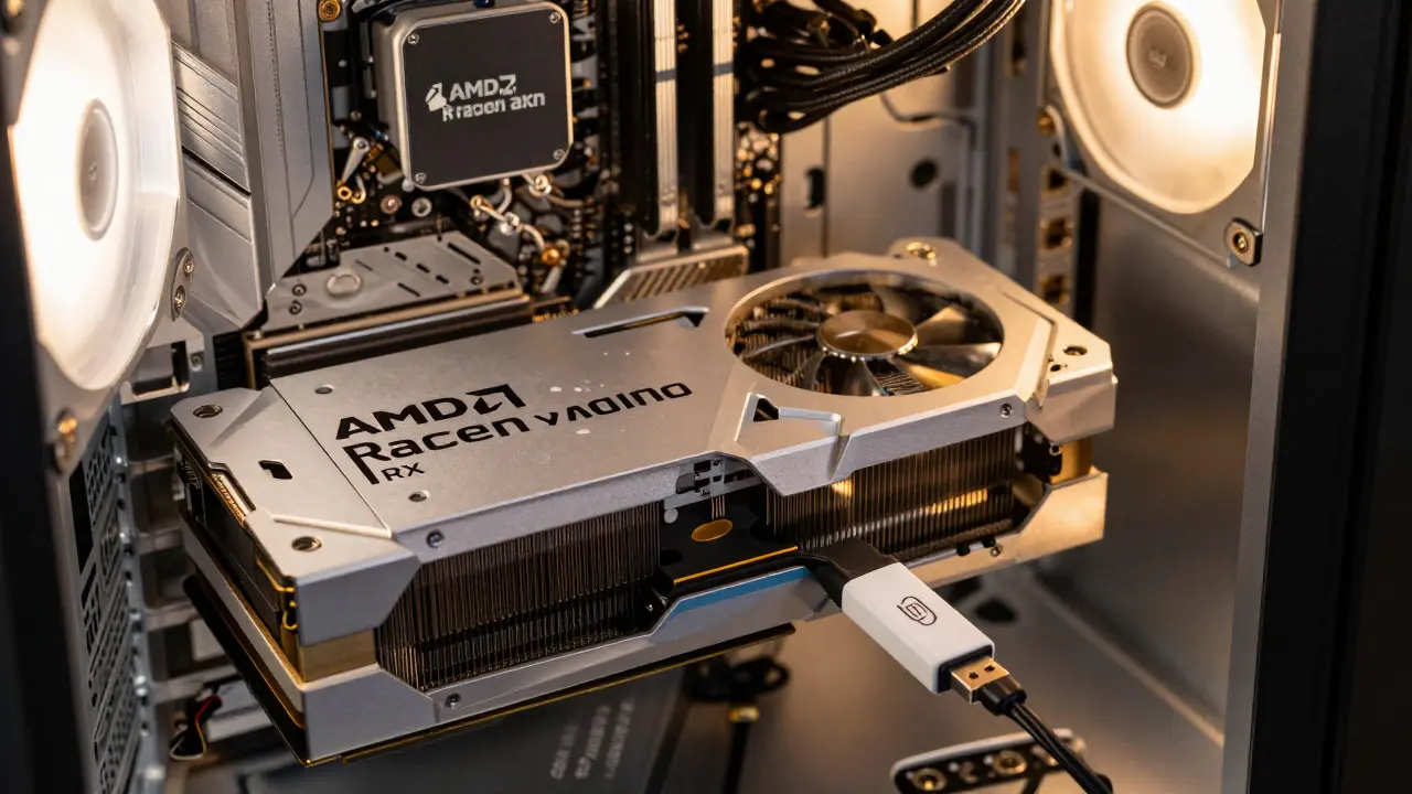 Видеокарта AMD Radeon и сетевой адаптер внутри корпуса ПК