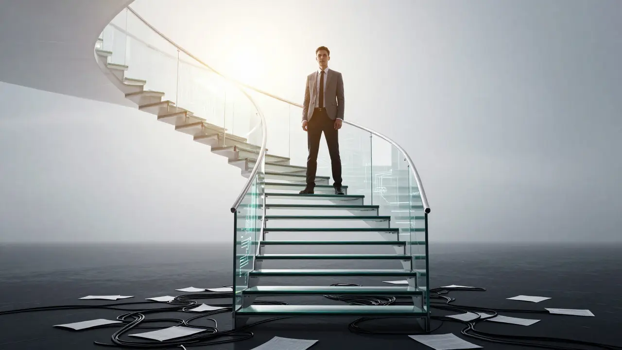 Young professional climbing a glass staircase with digital patterns towards a bright sky