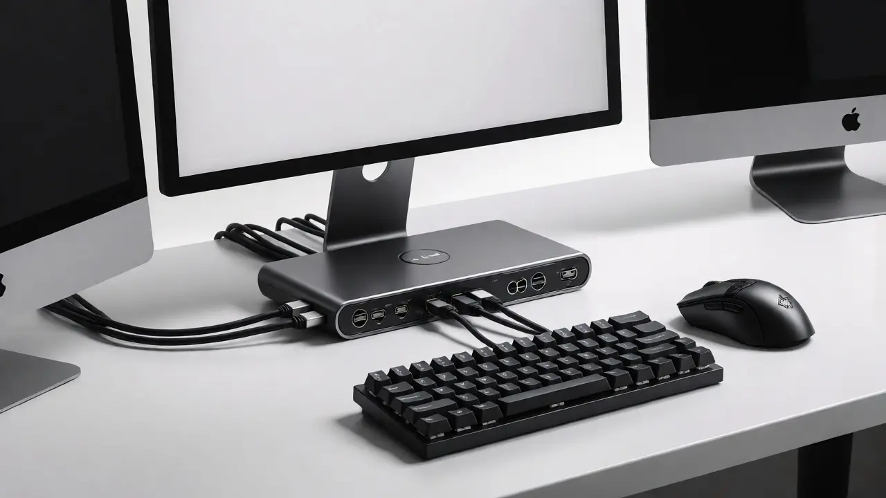 Аккуратный рабочий стол с одним монитором и KVM-переключателем