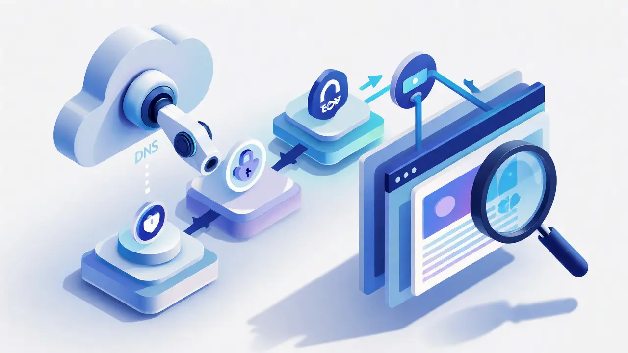 Иллюстрация этапов внешней проверки: DNS, TCP, SSL и анализ контента страницы