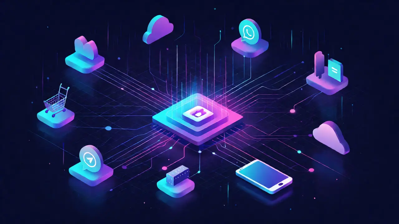 Изометрическая схема интеграции CRM с мессенджерами и сервисами