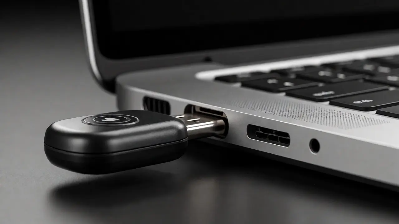 Крупный план USB-трекера, подключенного к боковому порту ноутбука
