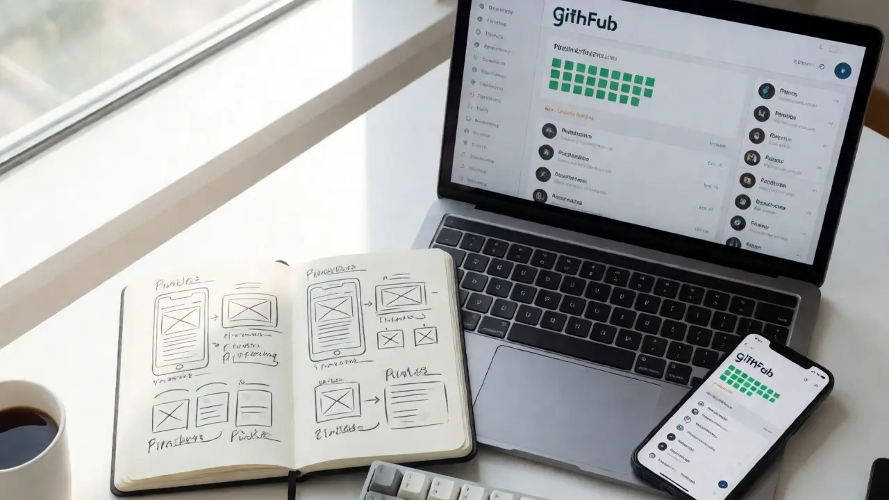 Портфолио разработчика: ноутбук с GitHub, скетчи приложения и демо на телефоне