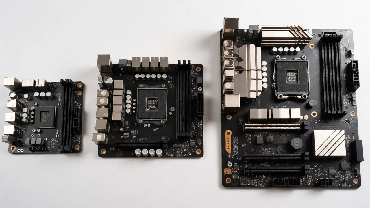 Сравнение размеров плат ITX, mATX и ATX на столе