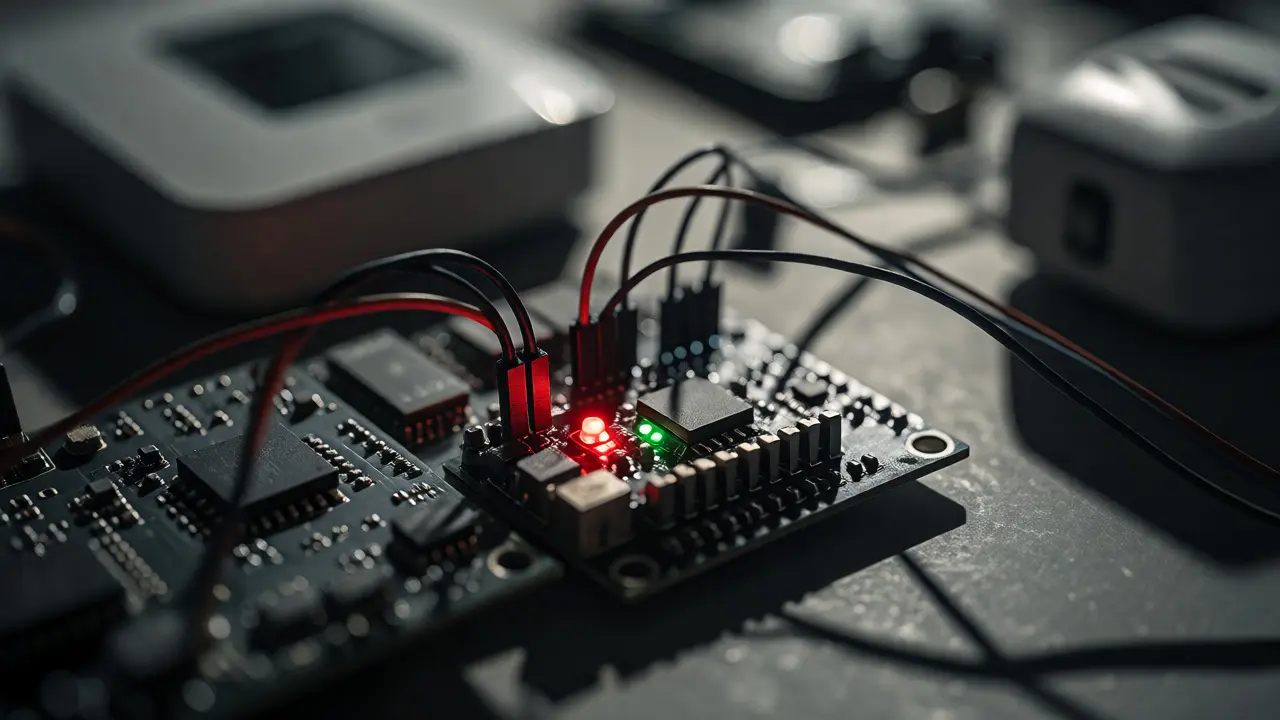 Крупный план IoT-устройства с индикатором передачи данных
