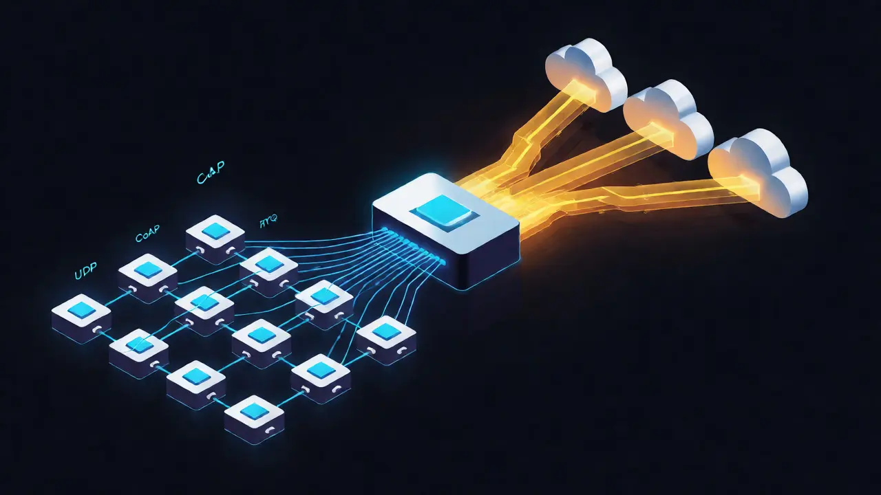 Схема архитектуры IoT: от легких узлов CoAP через шлюз к облаку