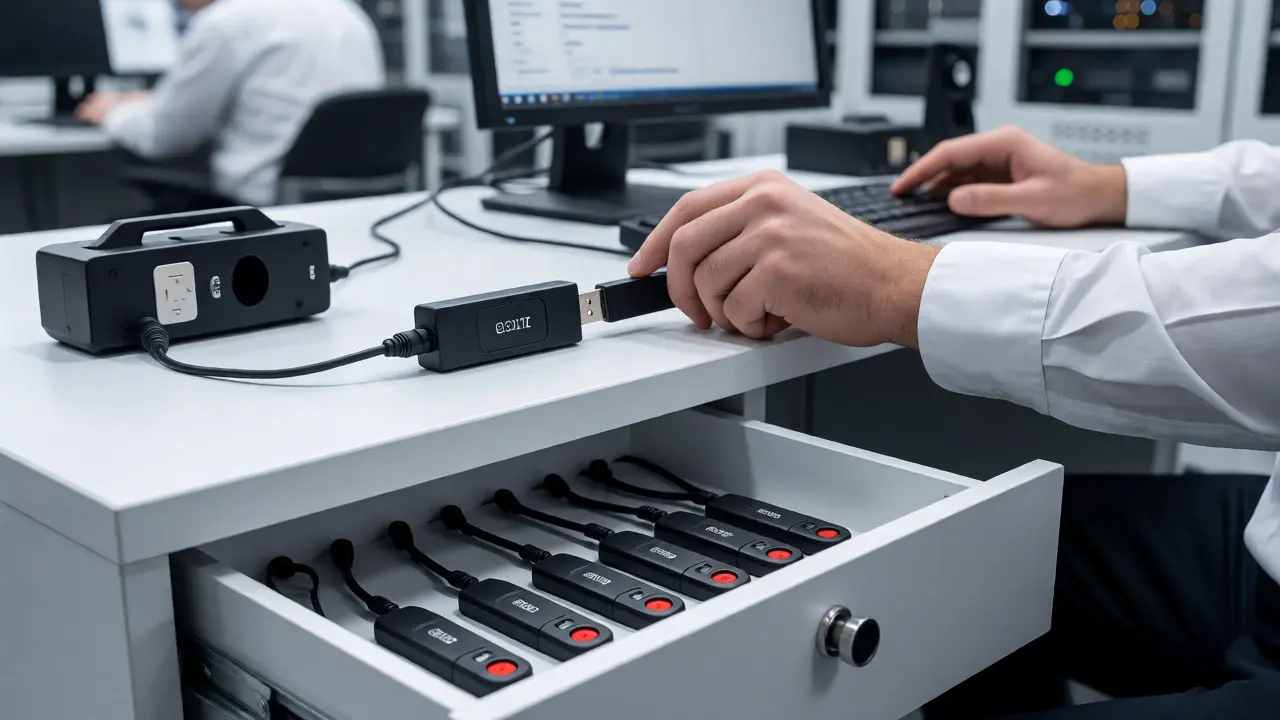 Техник использует аппаратный блокиратор USB для защиты данных